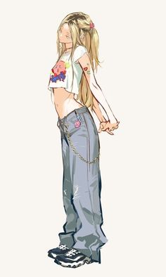 a drawing of a girl in jeans and a t - shirt with her hand on her hip