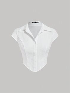 White Casual Collar Short Sleeve Woven Fabric Plain Shirt Embellished Non-Stretch  Women Clothing Plain Shirts, Pretty Dress, White Casual, Girly Girl, Collar Shirts, First Order