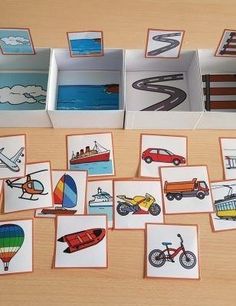 several cards with pictures of different vehicles and cars on them, all in white boxes