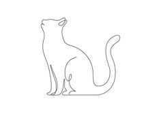 a black and white drawing of a cat sitting on the ground with its tail up