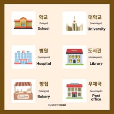 an image of different types of buildings in english and korean words on a beige background