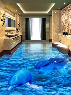 an underwater bathroom with dolphins swimming in the water