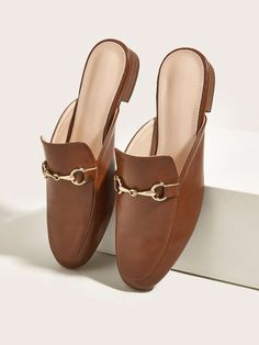 Brown  Collar     Embellished   Women Shoes Coffee Stain Shoes, Brown Mules, Mule Flats, Flats For Women, Brown Fall, Women Flats, Beige Shoes, Waltz, Metal Decor