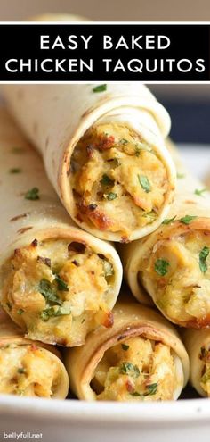 an easy baked chicken taquitass recipe on a white plate with text overlay