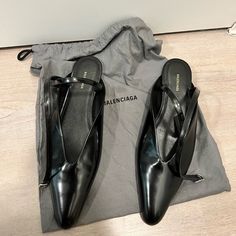 Never Used Just Tried Inside The House Runs Tts $200 In Different Platform Black Ankle Strap Mules For Work, Designer Black Mules For Workwear, Balenciaga Black, Black Leather Flats, Balenciaga Shoes, Leather Flats, Ankle Strap, Balenciaga, The House