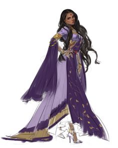 a drawing of a woman in a purple dress with long hair and gold trims