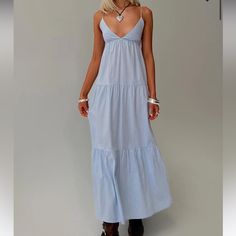 Brand New With Tags Blue Cotton Maxi Dress For Spring, Light Blue Casual Maxi Dress For Daywear, Casual Light Blue Maxi Dress For Daywear, Light Blue Maxi Sundress For Day Out, Light Blue Maxi Dress For Spring Casual Wear, Chic Blue Sundress For Casual Wear, Blue Cotton Maxi Dress For Daywear, Chic Blue Casual Sundress, Blue Maxi Sundress For Dress Down Occasions