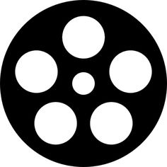 a black and white film reel with four holes in the center, on a white background