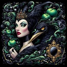 a woman with black hair and green eyes is surrounded by birds, apples and pearls