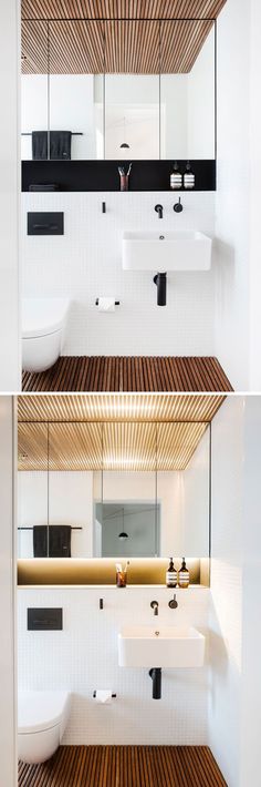 two pictures of a bathroom with wood flooring and white walls, one showing the sink