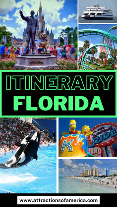 a collage of photos with the words itinerary florida in green and black