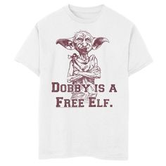 a white t - shirt with the words dobby is a free elf