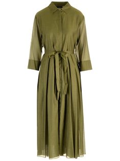 "Sial" shirtdress in olive green cotton and silk from Max Mara, with 3/4 voile sleeves, hidden buttons, belt. Versace Designer, Cool Socks, Shirtdress, Shirt Skirt, Square Scarf, Green Cotton, Lace Boots, Max Mara, Swimwear Tops