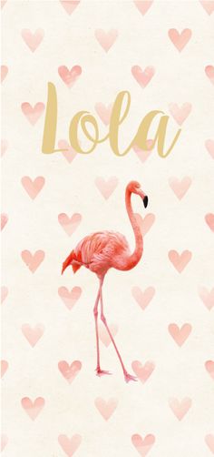 a pink flamingo standing in front of hearts with the word lola on it