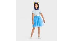 For birthday parties or fun days with friends, your kid will love wearing their favorite character with this bluey cosplay dress. This short-sleeve dress features a graphic of bluey on the bodice and star detailing on the mesh overlay skirt. It's designed with a silver satin waistline, while the hood comes complete with ears to complete the cute look. Made with soft and stretchy fabric, this hooded cosplay dress offers flexibility and comfortable movement all day long. | Bluey Girl's Navy Blue Tween Size Hooded Short Sleeve Jersey Fabric Cotton & Spandex Cosplay Dress (Extra Small) | Target Bluey Cosplay, Fabric Star, Overlay Skirt, Fabric Stars, Dress Xl, Mesh Overlay, Cosplay Dress, Short Sleeve Pullover, Dress Medium