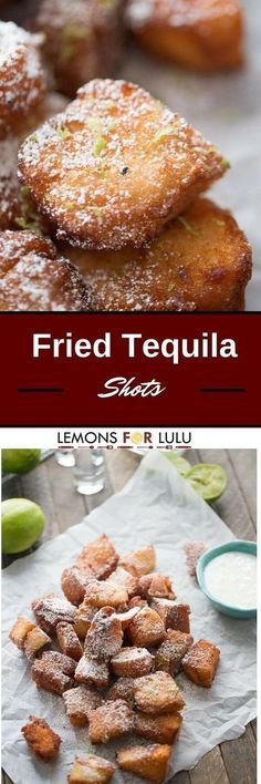 fried tequila with lemons and guacamole on the side, and an image of