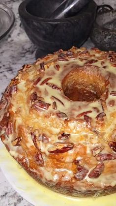 a bundt cake sitting on top of a yellow plate