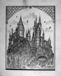 a black and white drawing of hogwarts castle in the middle of a forest