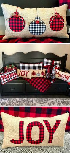 three different pillows with the words joy on them and plaid fabric in red, black and white