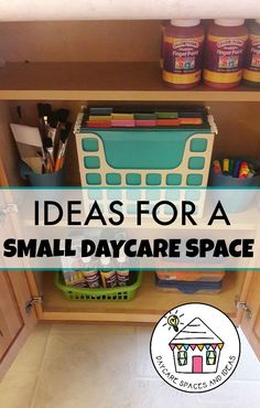 an open cabinet with the words ideas for a small daycare space