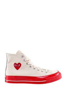 Chuck 70 CDG HI canvas sneakers with iconic heart print- Lace-up- Lateral Logo Patch- Contrasting Stitched Profiles- Shiny Rubber Sole- Canvas- External : Canvas Play X Converse, Play Comme Des Garcons, Comme Des Garcons Play, Chuck 70, Red Sole, Low Top Sneakers, Canvas Sneakers, Sneaker Shopping, Comme Des Garcons