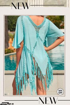 Tassel Mint Green V Neck Cover Up Beach Tops With Tassels And Short Sleeves, Blue Beach Tops With Tassels, Blue Tassel Tops For Beach, Summer Beach Top With Tassels, Beach Blue Tops With Tassels, Short Sleeve Beach Top With Tassels, Tassel Tops For Beach Season Cover-up, V-neck Vacation Cover-up With Tassels, Summer V-neck Tassel Cover-up