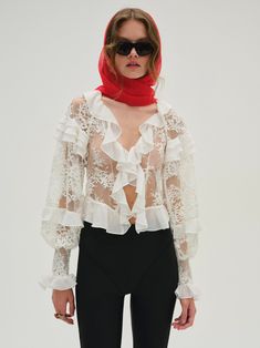 Ultra-feminine and hopelessly romantic, the Holiday white lace blouse has a truly timeless feel. Crafted in sheer lace, this eveningtop features a plunging neckline, long blouson sleeves, and dramatic chiffon ruffle details. Hopelessly Romantic, White Lace Blouse, Ultra Feminine, Evening Tops, Chiffon Ruffle, For Love & Lemons, Blouse White, For Love And Lemons, Lace Blouse