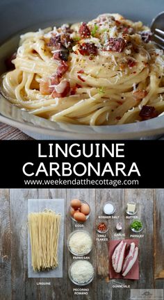 the ingredients for linguine carbonara are shown in this recipe, including eggs and bacon