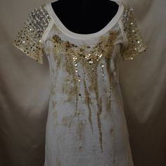 Buckle, Beaded Shirt With Gold Sequins**Nwt** *All Items Are From A Smoke-Free Home, Steam-Cleaned With A Hand-Held Conair Steamer That Removes 99.9% Of Bacteria And Then Put Into A Sealed Plastic Bag. Spring Fitted Embellished T-shirt, White Sequined Blouse For Night Out, Glamorous White Embellished Tops, White Beaded Top For Party, White Sequined Tops For Night Out, Gold Embellished Summer Top, Gold Embellished Tops For Summer, Fitted White Beaded Top, White Beaded Party Top