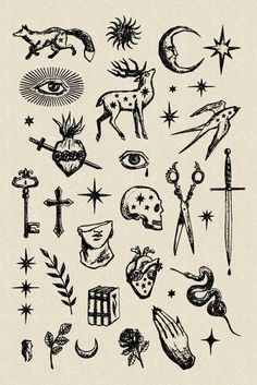 an image of various symbols and things drawn in ink on paper with stars, sun, moon