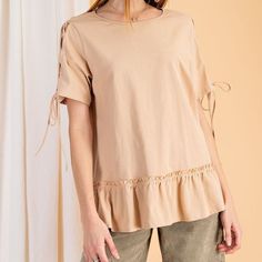 Comfy & Casual, Easy Everyday Fit Featured Laced Up Sleeves Cotton Span Babydoll Tunic 60%Linen, 40%Polyester (Model Height 5'10) Tan, Cream, Beige Cute Beige Tops For Brunch, Floral Peasant Top, Leopard Print Sweatshirt, Flowy Tunic, Lace Tunic Tops, Pocket Tee Shirts, Beige Blouse, Boho Tunic Tops, Floral Print Chiffon