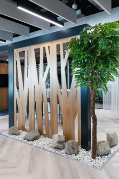 an office lobby with a tree and rocks