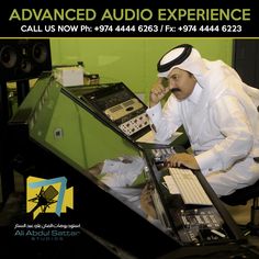 a man sitting at a desk with a computer in front of him and the words advanced audio experience written on it