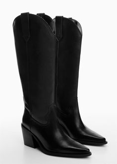 Cowboy leather boots -  Women | Mango USA Western Boot Outfit, Western Boots Outfit, Tall Western Boot, Botas Western, Winter Boots Outfits, Fur Heels, Leather High Heel Boots, Western Style Boots, Black Cowboy