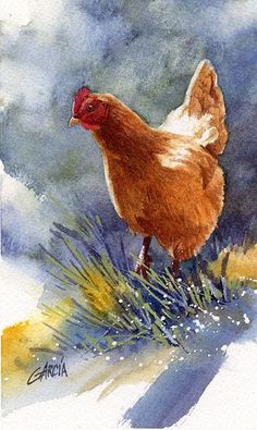 a watercolor painting of a chicken standing on top of a grass covered hill in the snow