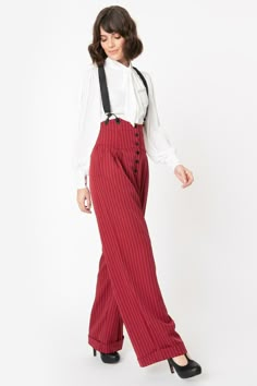 Silk Maison, Vintage Brand Clothing, Uv Clothing, Red Backdrop, 70s Inspired Fashion, Dapper Day, Suspender Pants, Pinstripe Pants