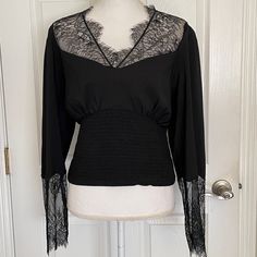 Women’s Long Sleeve Blouse V Neck Smocked Waist Lace In Neck And Sleeves Back Button New With Tags V-neck Lace Top Blouse For Work, Spring V-neck Lace Top For Night Out, Elegant V-neck Lace Top For Fall, Chic V-neck Lace Top For Fall, Spring Long Sleeve V-neck Top For Night Out, Long Sleeve Blouse With Lace Trim For Night Out, Chic Lace Top With V-neck, Chic V-neck Lace Top, Black V-neck Blouse With Lace Trim