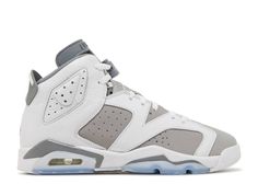 These retro 6’s are white, medium grey, and cool grey in color. The base of the shoe is white tumbled leather with patches of cool grey durabuck in the white leather. The back heel tab, lace lock, and parts of the midsole are also the cool grey color. The outsole of the shoe is the signature semi-translucent icy blue color. Air Jordans 6 Retro, Jordan 6s Cool Grey Outfits, Jordan 6 Retro Outfit, Cool Grey 6s, Gray Jordans, Gray And White Jordans, Jordans 6, Air Jordan Retro 6, Summer Collection Men