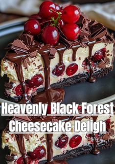 a piece of cheesecake with cherries on top and chocolate sauce drizzled over it