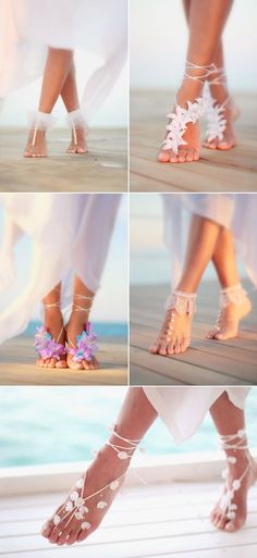 four different pictures of women's feet and shoes with flowers on the toes, in various poses