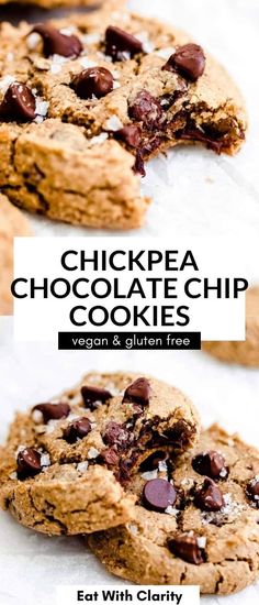 chocolate chip cookies are stacked on top of each other with the words, chickpea chocolate chip cookies vegan and gluten free