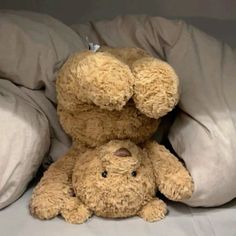 two brown teddy bears sitting on top of each other under covers and pillows in a bed