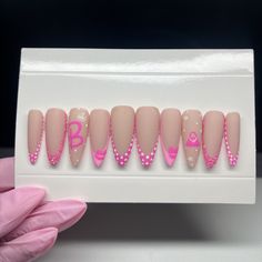 Hi all! These sets are handmade gel press on nails and will be shipped out 2-3 days after you let me know your sizes :)  if you need help, message me and I can help you!  Make sure to use the guides for help and let me know if you have additional questions.  **All sets come with buffer & nail glue ** Polygel Press On Nails, Gel Nails With Charms, Nails With Charms, Nails Business, Pink Press On Nails, Barbie Nails, Gel Press On Nails, Acrylic Toe Nails, Acrylic Toes