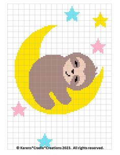 a cross stitch pattern with a monkey sleeping on the moon and stars in the background