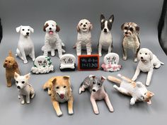 a group of dogs sitting next to each other in front of a chalkboard sign