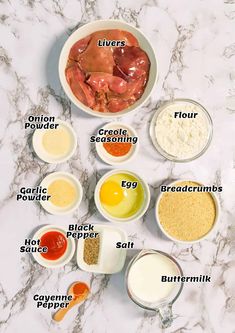 the ingredients to make an easy chicken dish are shown in bowls on a marble countertop