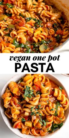 one pot pasta with spinach and tomatoes is shown in the same pan as the other