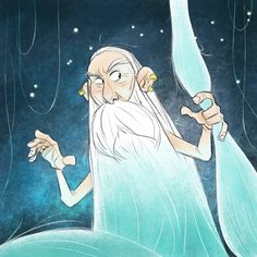 an old man with long white hair and beard holding something in his hand while looking up at the sky