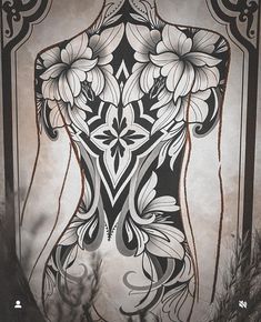 the back of a woman's body with flowers on it in black and white