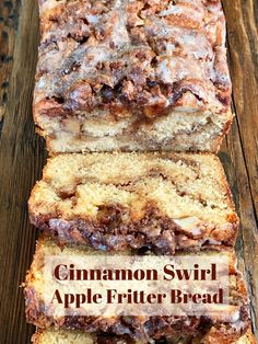 sliced loaf of cinnamon swirl bread on top of a wooden table